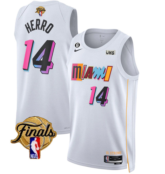 Men's Miami Heat #14 Tyler Herro White 2023 Finals City Edition With NO.6 Patch Stitched Basketball Jersey